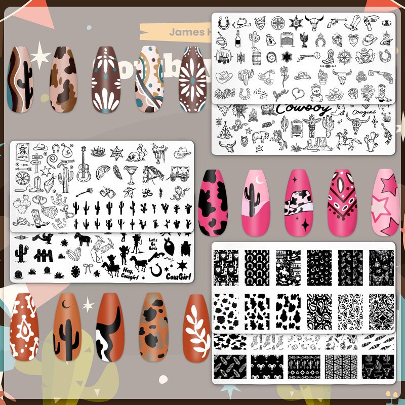 وولاين مجموعة Whaline المكونة من 6 قطع من قوالب ختم الأظافر الغربية، قوالب ختم رعاة البقر، قوالب فن الأظافر للطباعة والتصميم في صالونات التجميل - Image 3